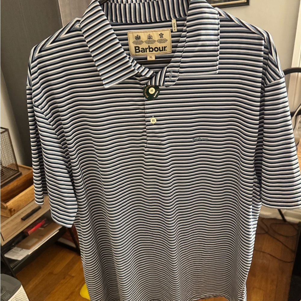 Barbour Like New Men's Navy and White Striped Polo Shirt Performance